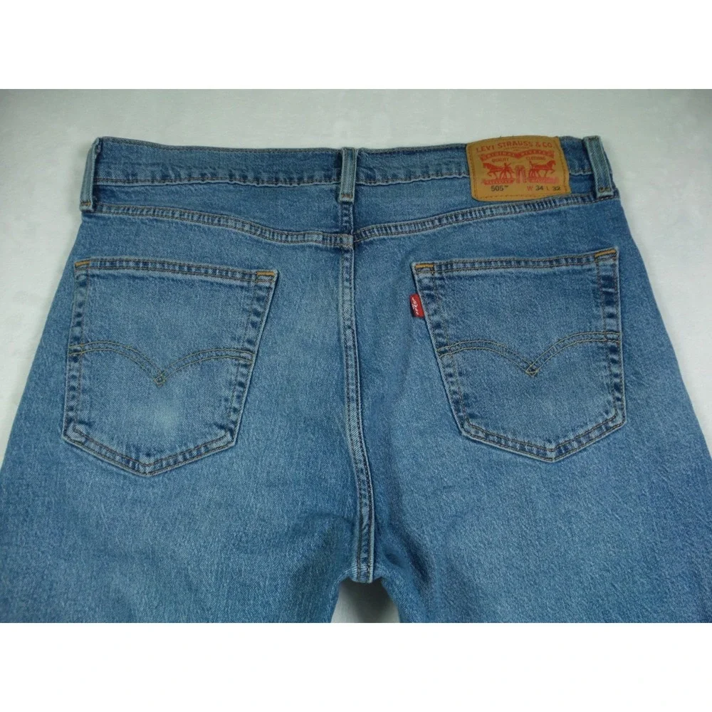 Levis 505 Mens Jeans 34 x 32 Blue Denim Straight Leg Regular Fit Stretch